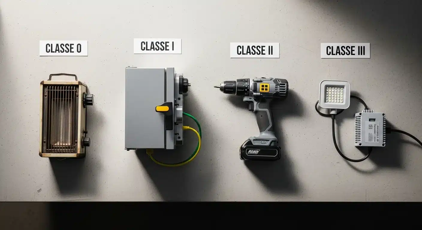 The four electrical protection classes illustrated: old class 0 radiator, class I metal enclosure with earth wire, class II portable drill and class III LED light with safety transformer
