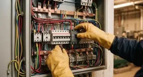 Travaux pratiques sur armoire électrique basse tension avec gants isolants — formation formateur habilitation électrique