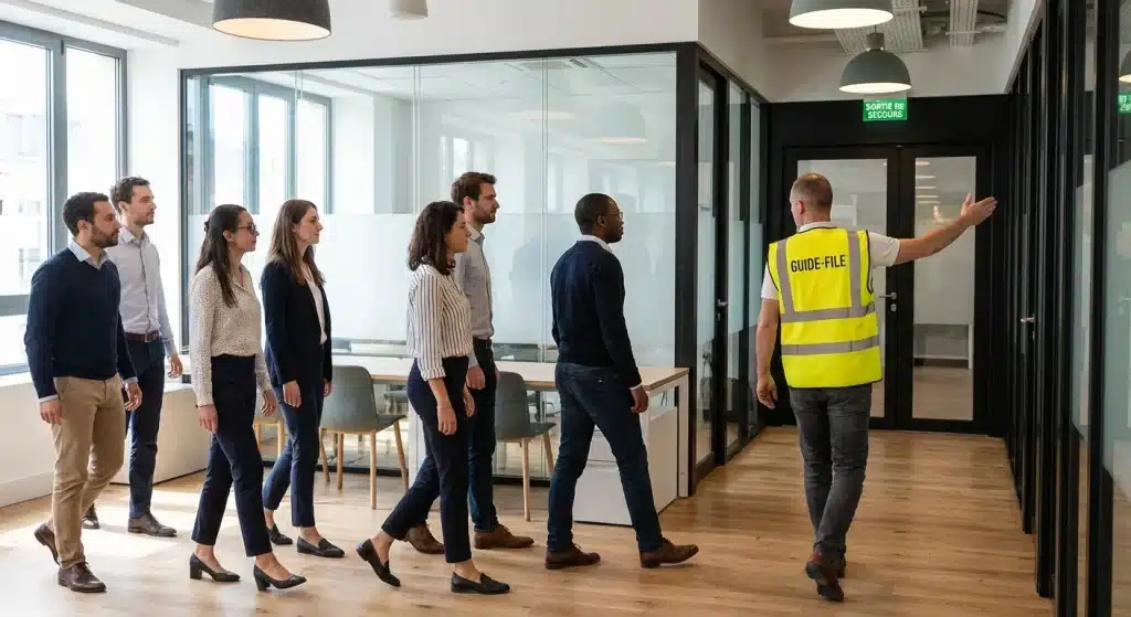 Exercice d'évacuation incendie dans un immeuble de bureaux : un guide-file portant un gilet haute visibilité dirige ses collègues vers la sortie de secours