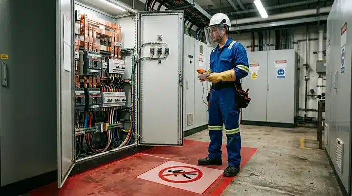 Technicien en EPI devant une armoire électrique basse tension avec zone de voisinage renforcé interdite