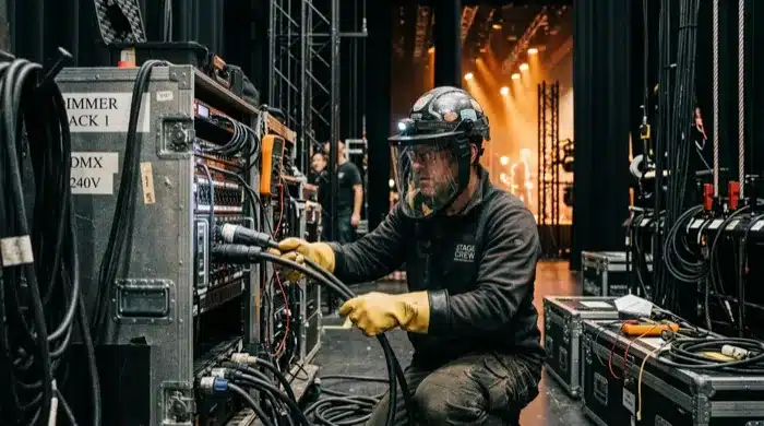 Technicien du spectacle équipé d'un casque avec visière et de gants isolants, raccordant des câbles sur un dimmer rack backstage lors d'un concert