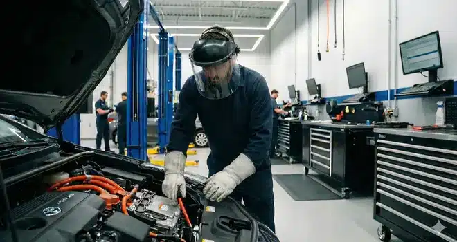 Authorized mechanic performing an operation on a hybrid vehicle