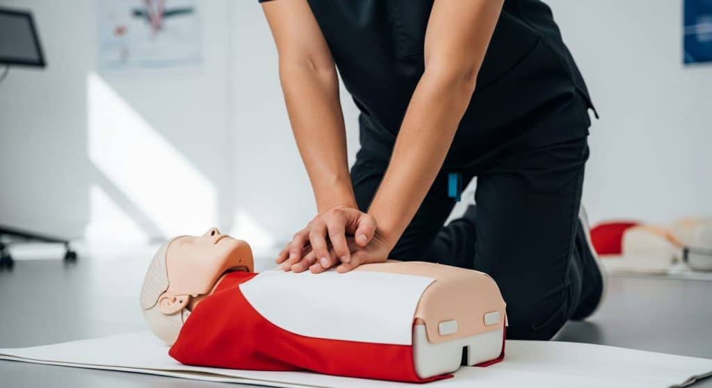 Sauveteur secouriste du travail réalisant une simulation de massage cardiaque en milieu professionnel