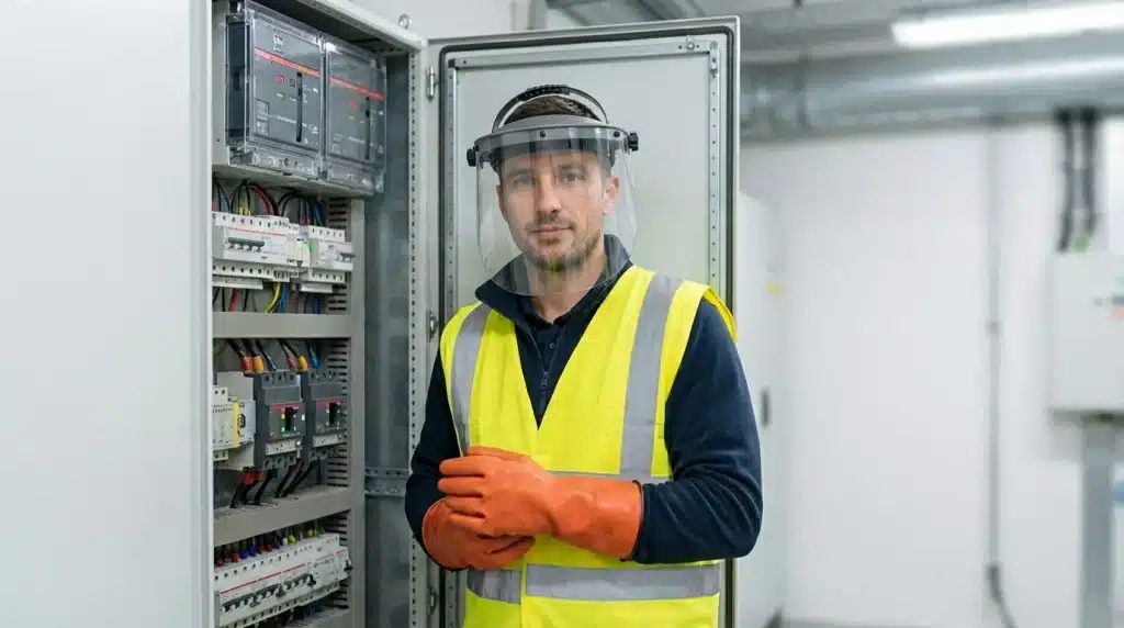 Électricien habilité portant des EPI (visière de protection, gants isolants, gilet haute visibilité) devant une armoire électrique ouverte conformément à la norme NF C 18-510