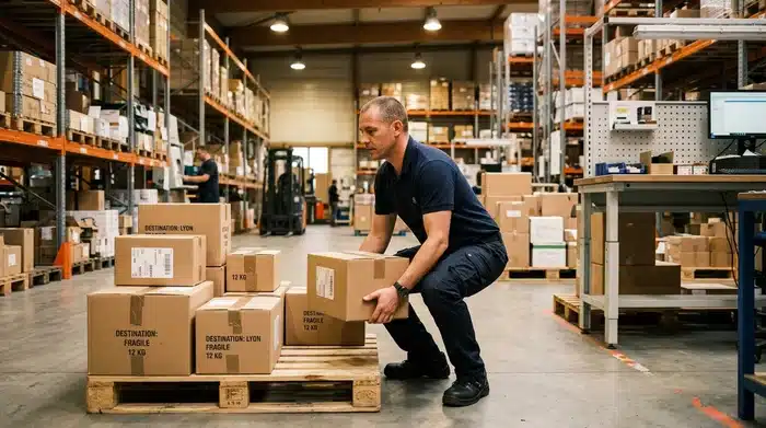 Travailleur en entrepôt adoptant une posture ergonomique pour soulever un carton, prévention des troubles musculo-squelettiques