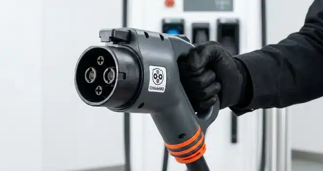 Prise CHAdeMO avec ses deux contacts circulaires DC et logo officiel pour recharge rapide de véhicule électrique