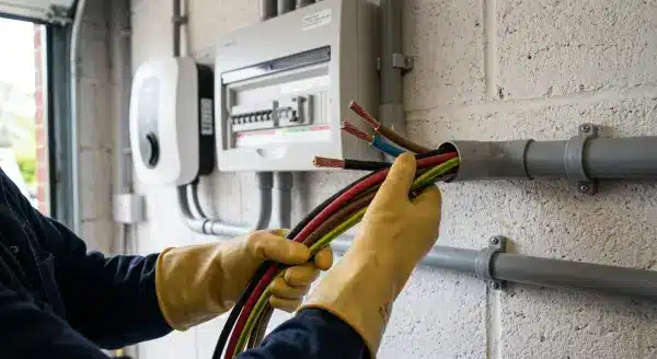 Section de câble cuivre 10 mm² tiré dans une gaine pour raccorder une borne de recharge murale