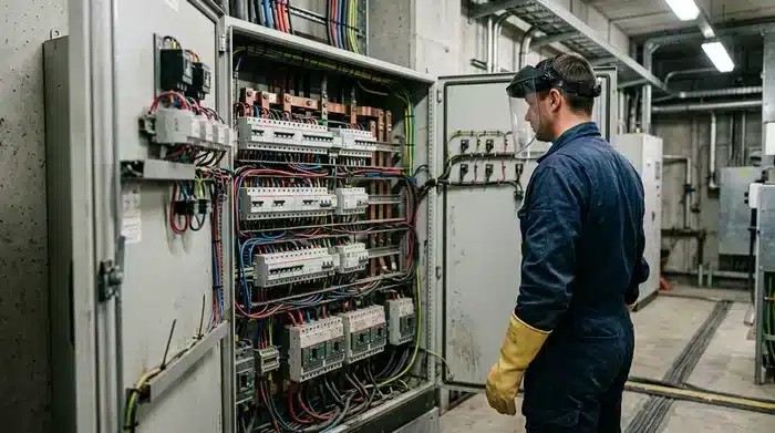 Électricien avec visière et gants isolants observant un TGBT ouvert